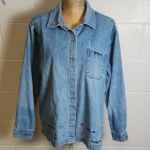 Denim Pearl Snap Giddy up Happy Trails Horse Embroidered Shirt Shacket